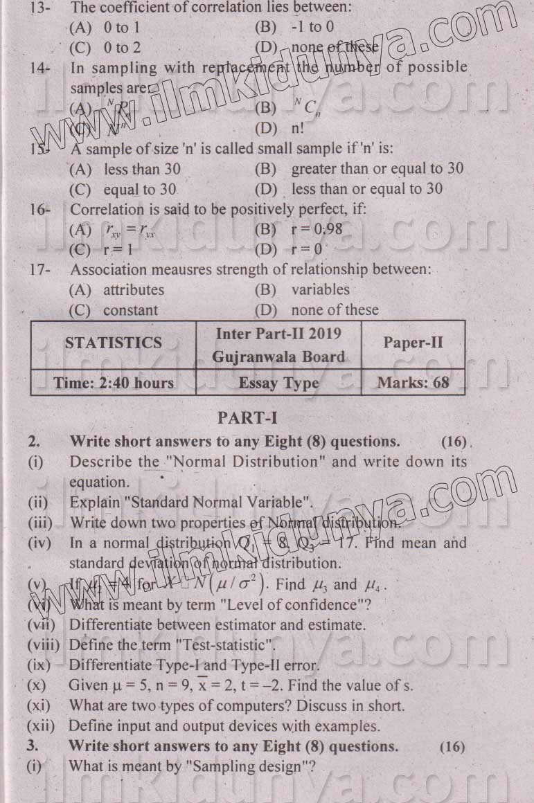 Past paper 2019 Gujranwala board part 2 Business Statistics
